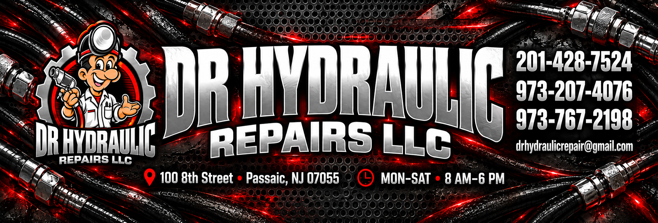 Dr Hydraulic Repairs LLC. 201-428-7524, 973-207-4076, 973-767-2198. drhydraulicrepair@gmail.com. 100 8th Street, Passaic, NJ 07055. Monday–Saturday 8 AM–6 PM.